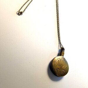 Antique Etched Brass Flask Perfume Oil or Vinegar Bottle Necklace in Nice Condit